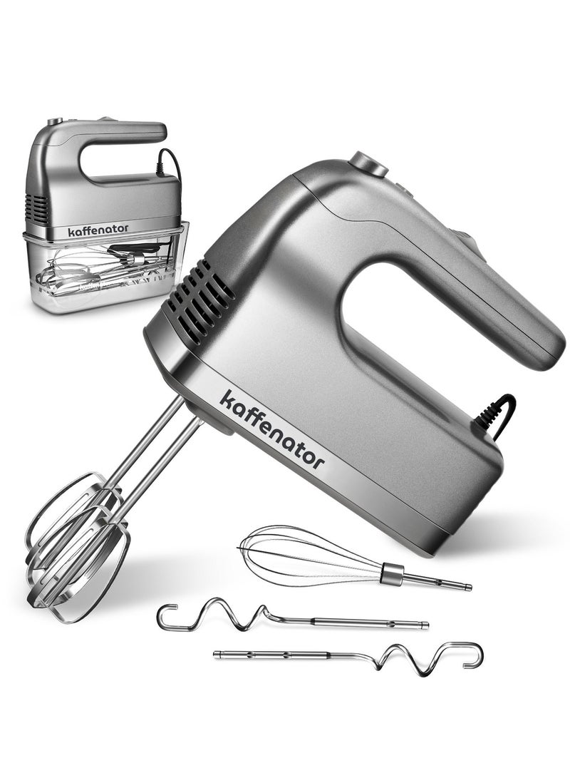 kaffenator Hand Mixer, 350W Handheld Mixer with Storage Case 5-Speed Plus Turbo Hand Mixer Electric With 5 Stainless Steel Attachments(2 Beaters, 2 Dough Hooks and 1 Whisk), Silver - Image 1