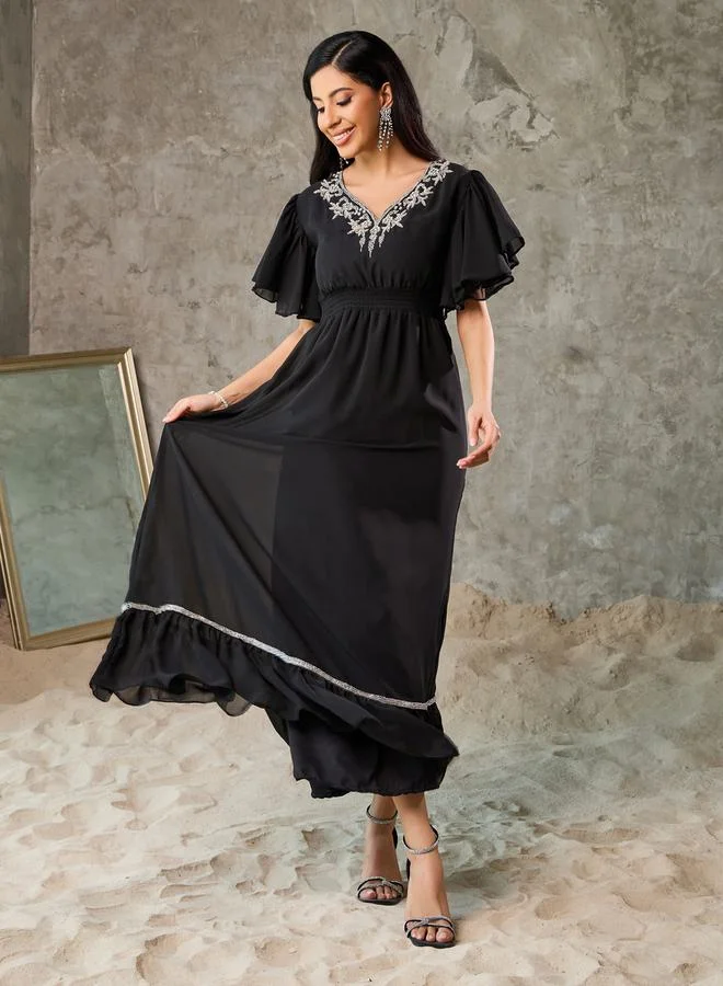 Styli Embellished Smocked Waist A-Line Maxi Dress