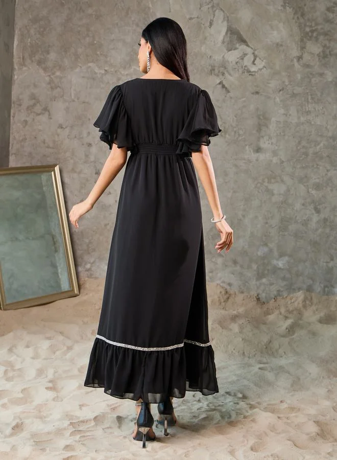 Styli Embellished Smocked Waist A-Line Maxi Dress