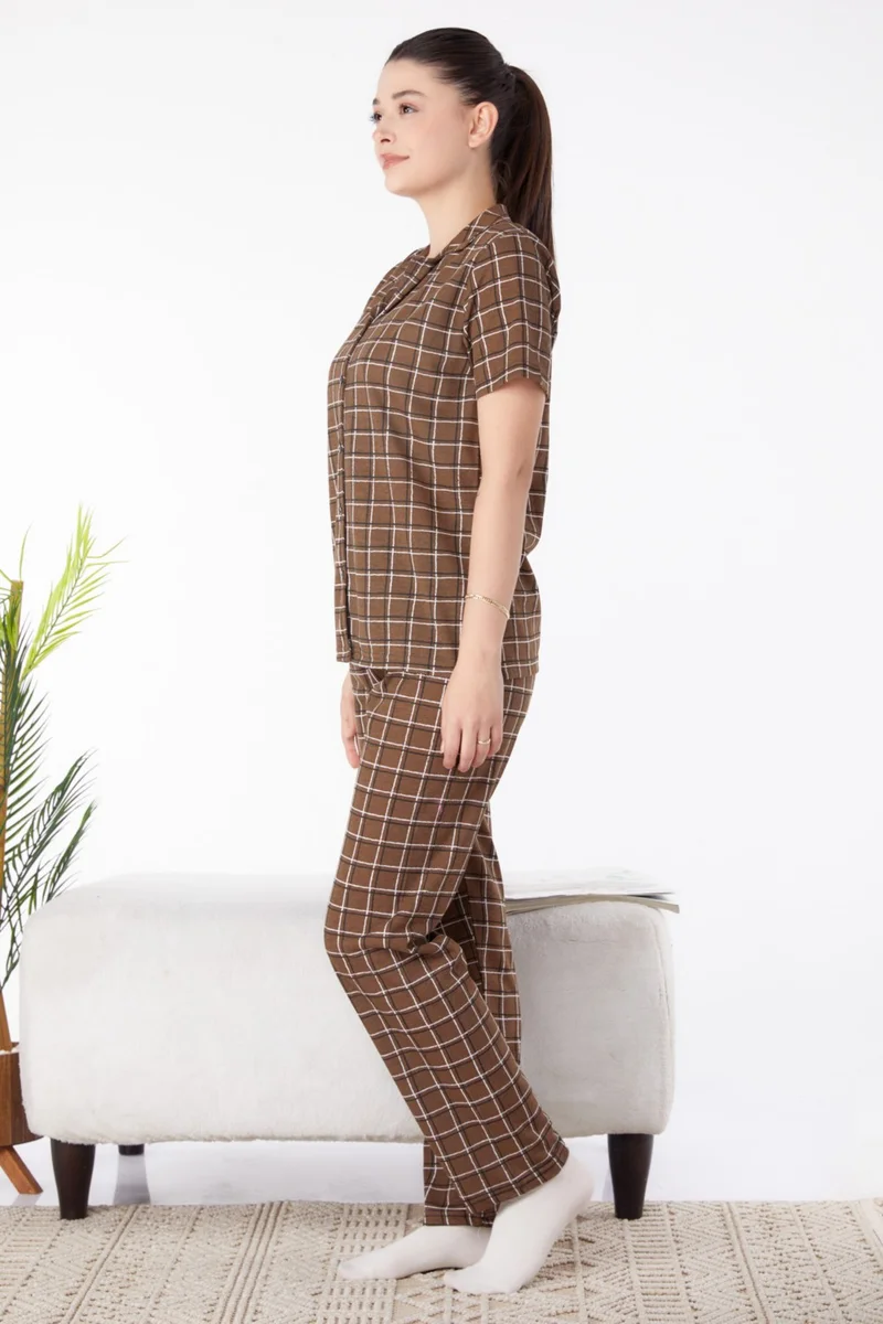 Tofisa Plain Shirt Collar Women's Brown Short Sleeve Pajama Set - 25357