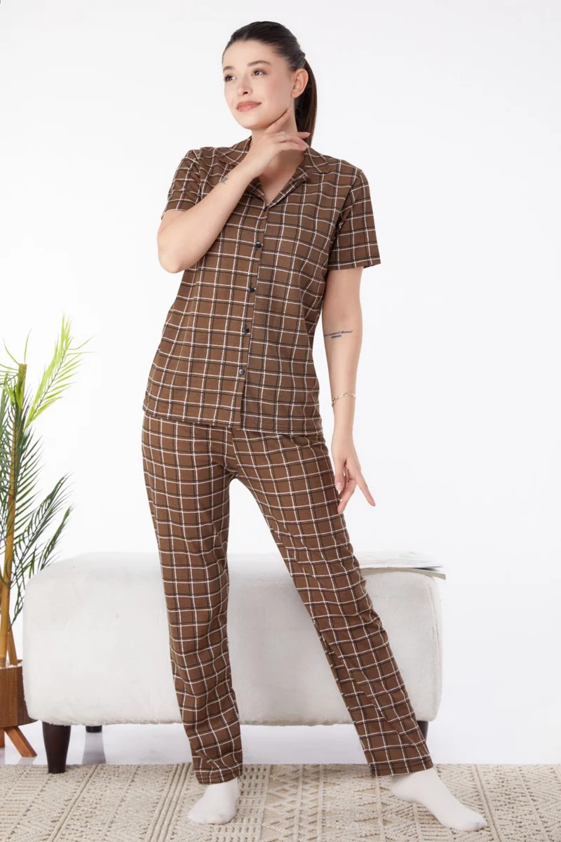 Tofisa Plain Shirt Collar Women's Brown Short Sleeve Pajama Set - 25357