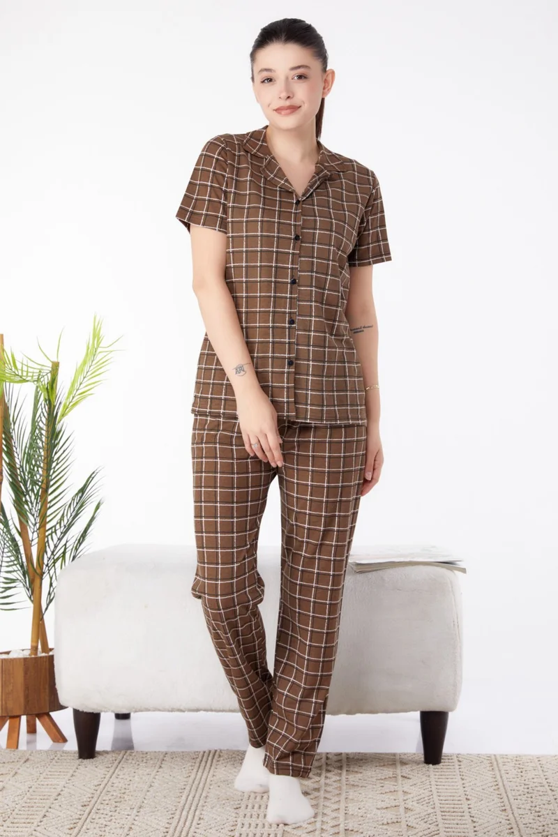Tofisa Plain Shirt Collar Women's Brown Short Sleeve Pajama Set - 25357