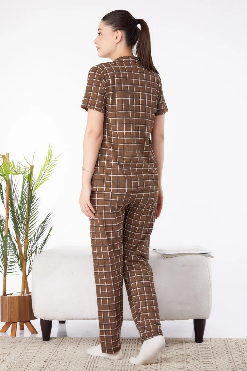Tofisa Plain Shirt Collar Women's Brown Short Sleeve Pajama Set - 25357