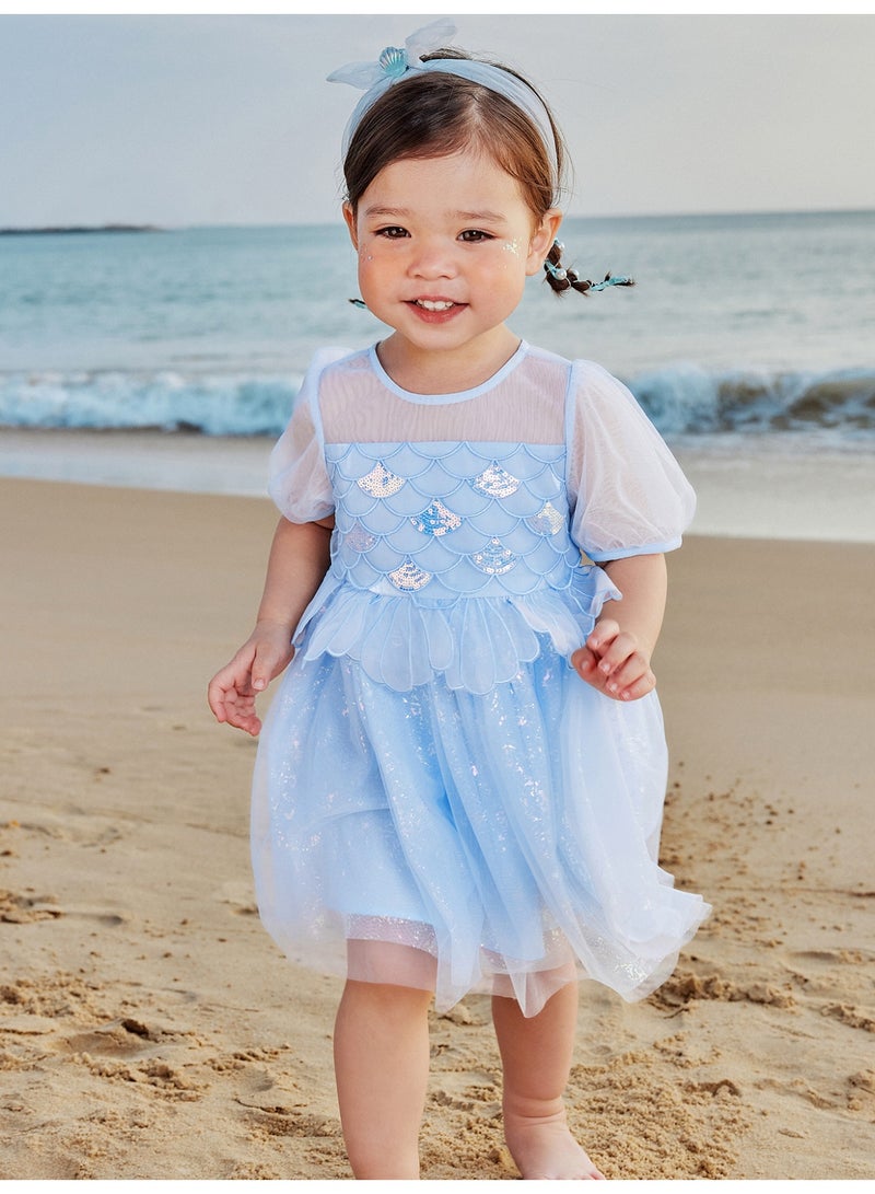 mini bala Girls Enchanting Mermaid - Inspired Short Sleeve Dress, Soft Breathable Tulle Fabric, Shimmering Sequins, Scalloped Details, Back Zipper Closure, Perfect for Beach Days, Birthday Parties and Special Occasions Children's Dress - Image 1