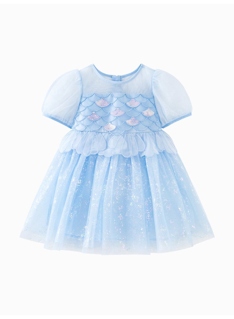 mini bala Girls Enchanting Mermaid - Inspired Short Sleeve Dress, Soft Breathable Tulle Fabric, Shimmering Sequins, Scalloped Details, Back Zipper Closure, Perfect for Beach Days, Birthday Parties and Special Occasions Children's Dress - Image 4