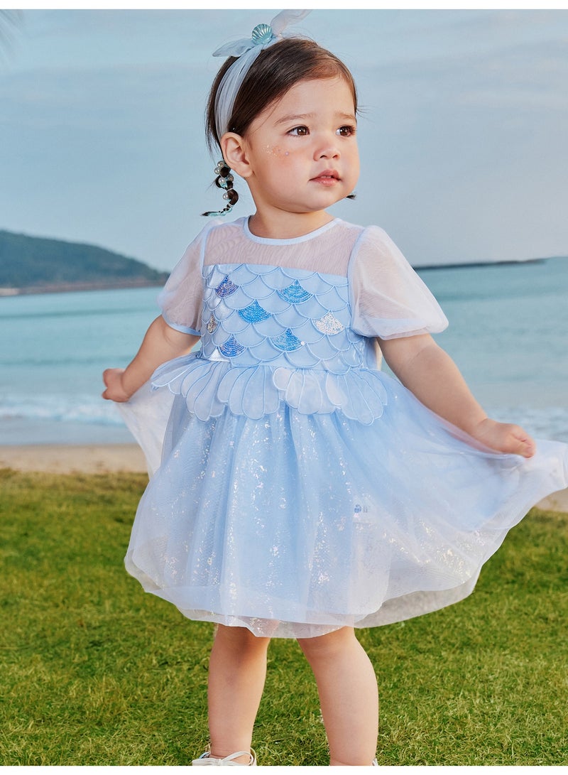mini bala Girls Enchanting Mermaid - Inspired Short Sleeve Dress, Soft Breathable Tulle Fabric, Shimmering Sequins, Scalloped Details, Back Zipper Closure, Perfect for Beach Days, Birthday Parties and Special Occasions Children's Dress - Image 2