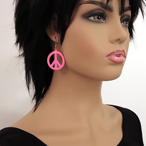 Real Metal Hot Pink Hippie Peace Sign Dangle Earrings - Image 2