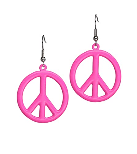 Real Metal Hot Pink Hippie Peace Sign Dangle Earrings - Image 1
