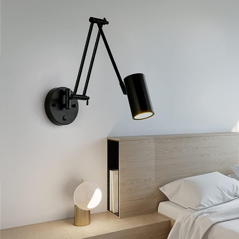 Swing Arm Bedside Reading Wall Sconce, Industrial Wall Mounted Lamp with Switch, Adjustable s E27 Headboard Lamps for Bedroom Living Room Hotel Decor (Svart) - Image 2