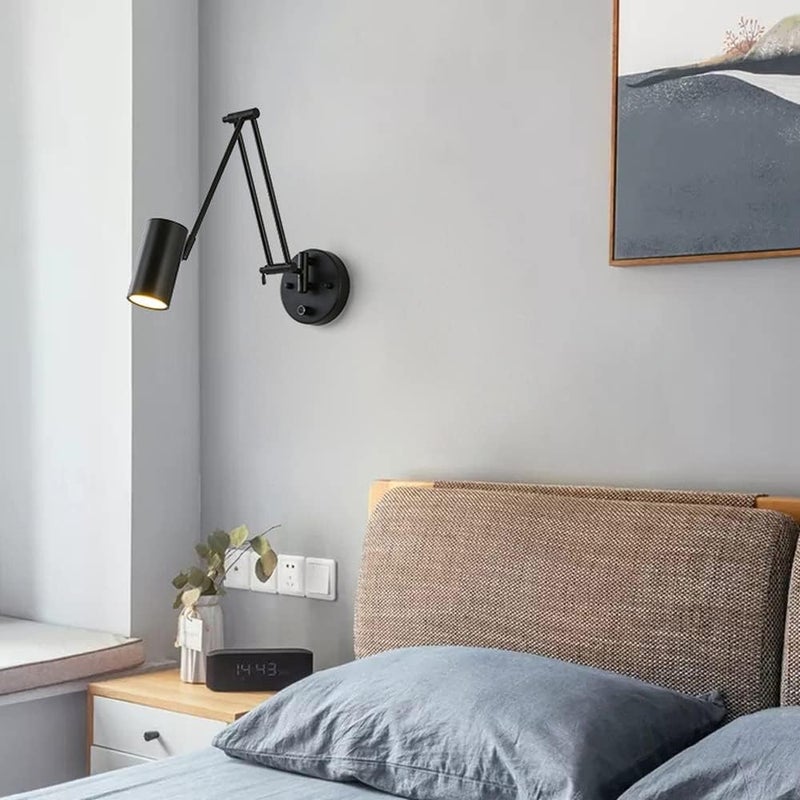 Swing Arm Bedside Reading Wall Sconce, Industrial Wall Mounted Lamp with Switch, Adjustable s E27 Headboard Lamps for Bedroom Living Room Hotel Decor (Svart) - Image 3