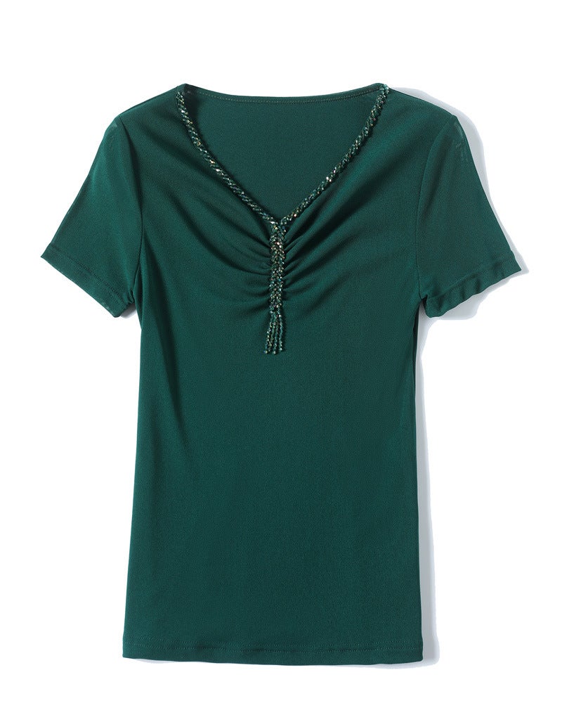 2023 Western Style All-Match Slim-Fit Slimming V-Neck Solid Color Mesh Beaded Short-Sleeve Base Shirt Women'S T-Shirt - Image 5