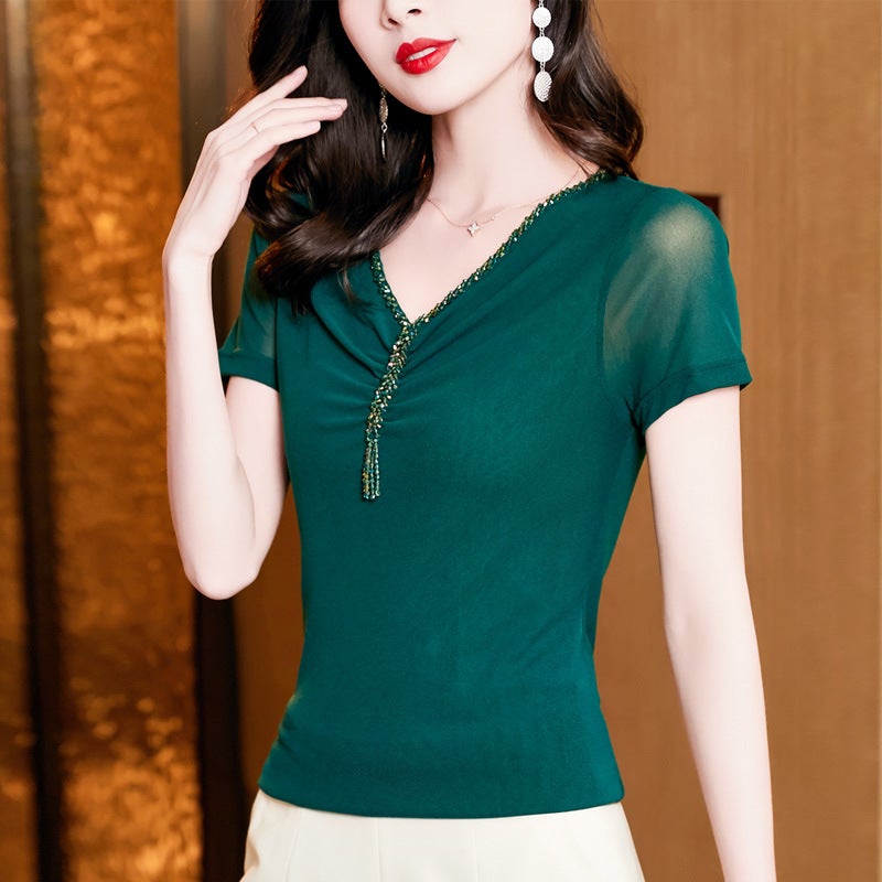 2023 Western Style All-Match Slim-Fit Slimming V-Neck Solid Color Mesh Beaded Short-Sleeve Base Shirt Women'S T-Shirt - Image 3