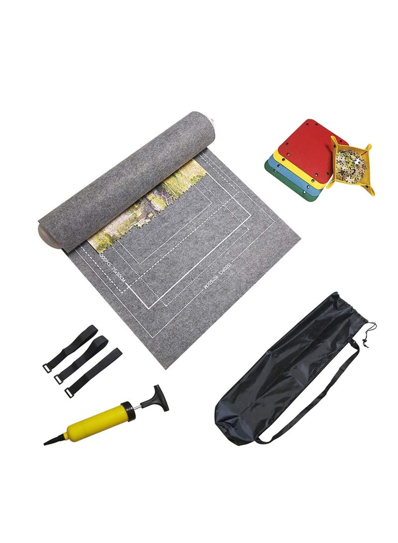 Puzzle Mat Roll Up, 1500 Pieces Saver Large Puzzles Board for Adults Kids, Storage and Transport, with Premium Pump Glue Felt Mat, Inflatable Tube Holder, Organizer Pad Keeper (Gray)  - Image 1
