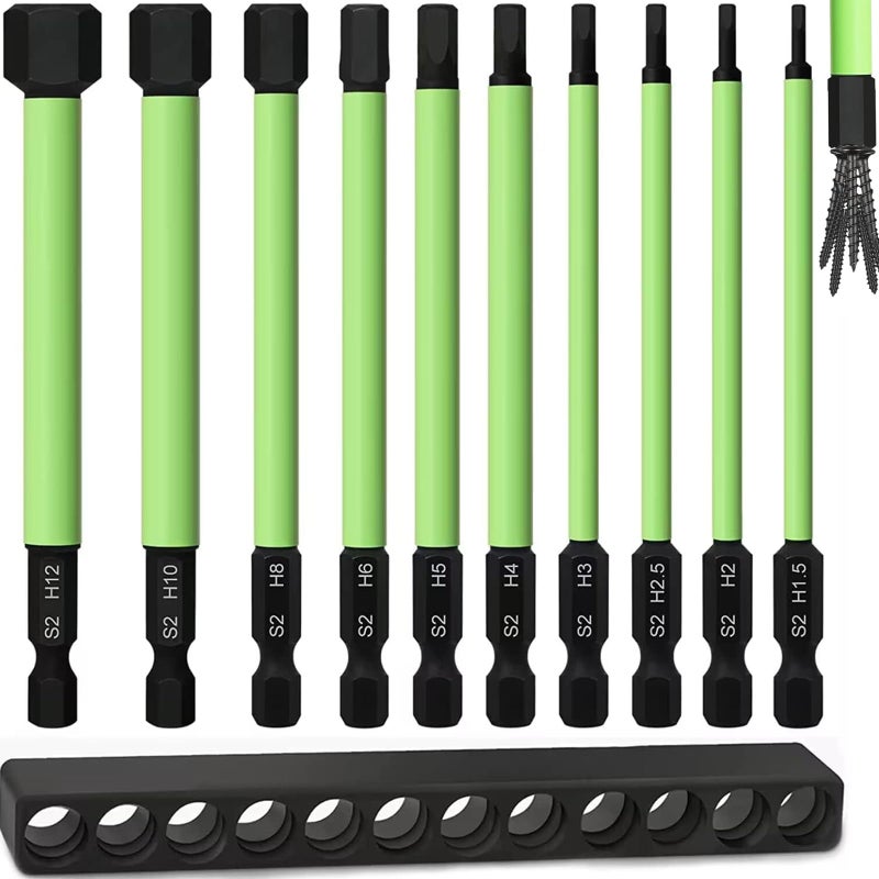 TLEEP 4 Long 10Pcs 14 Hex Head Allen Wrench Drill Bits 15MM to 12MM Metric Hex Key Drill Bit Set Magnetic Tips Screwdriver Socket Bit Set for Ikea Type Furniture S2 Steel New Version
