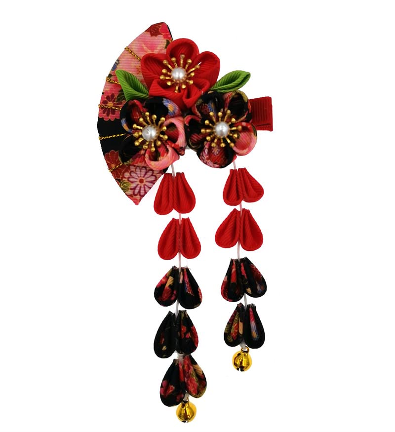 Japanese Style Women Flower Hair Clip Tassel Hair Ornament Kimono Decor Fabric Hanfu Hairpin Accessories For Christmas Party Costume Gift Black