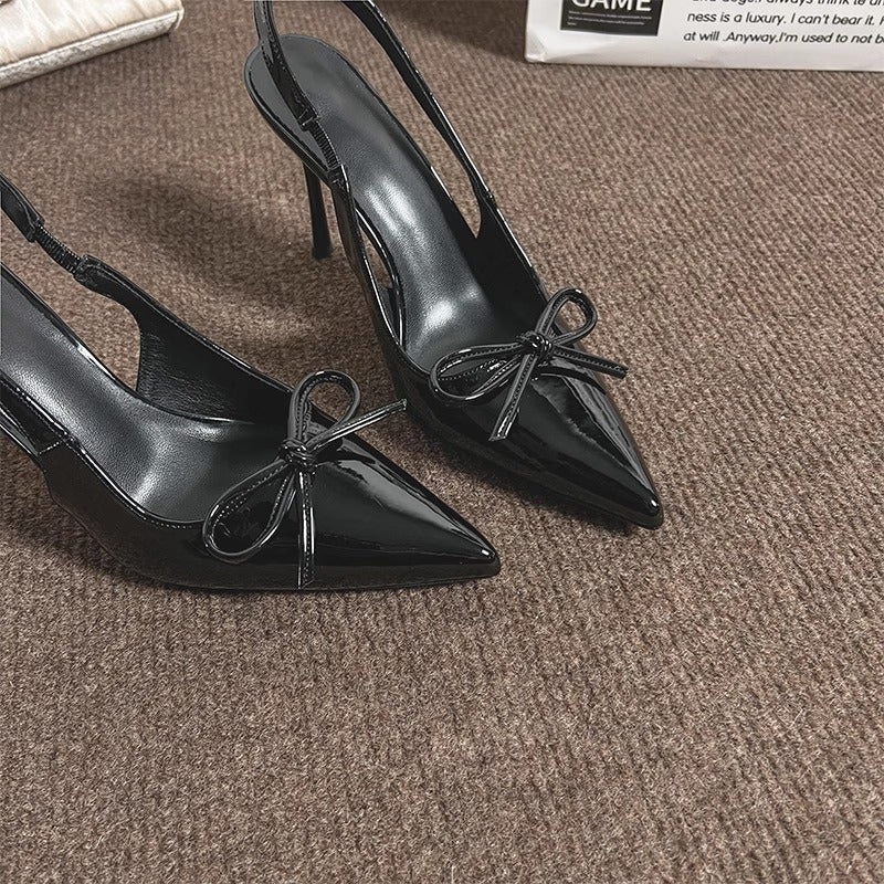 Women's High Heels New Pointed Toe Wine Red Bow Open-toe Thin Heel French Sandals - Image 2