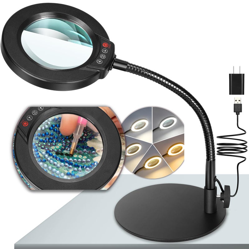 Krstlv 10X Magnifying Glass with Light and Stand, 5 Color Modes Stepless Dimmable LED Lighted Desk Lamp, Hands Free Magnifier with Flexible Goose-Neck for Craft Hobby Painting Sewing Close Work - Image 1