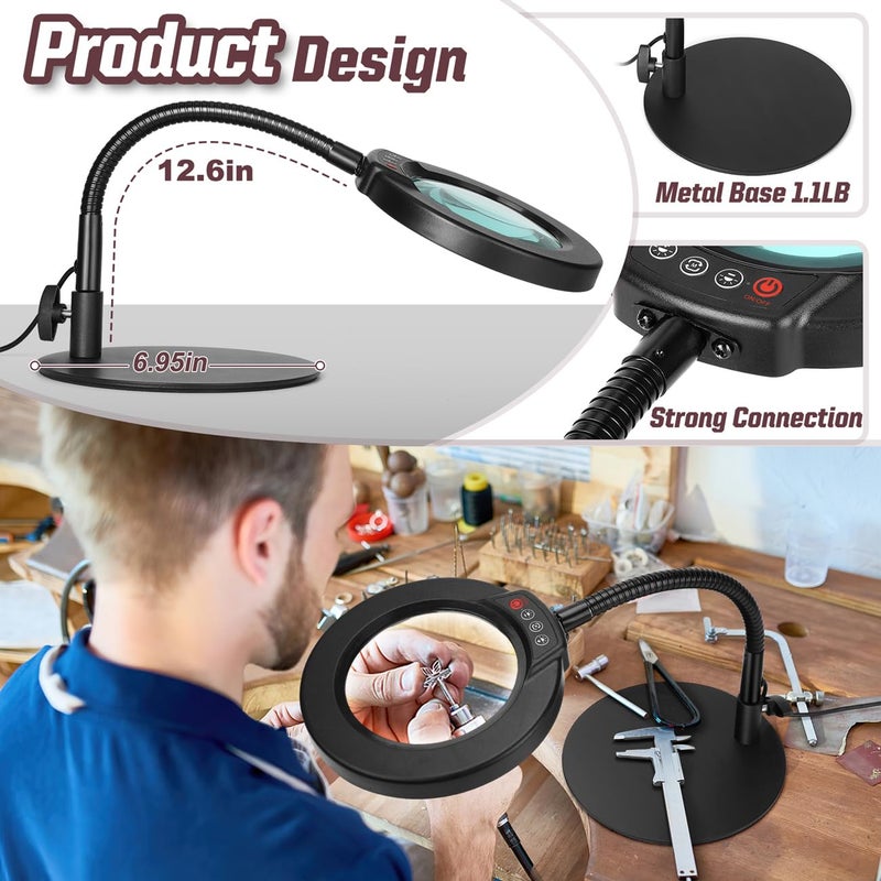 Krstlv 10X Magnifying Glass with Light and Stand, 5 Color Modes Stepless Dimmable LED Lighted Desk Lamp, Hands Free Magnifier with Flexible Goose-Neck for Craft Hobby Painting Sewing Close Work - Image 4