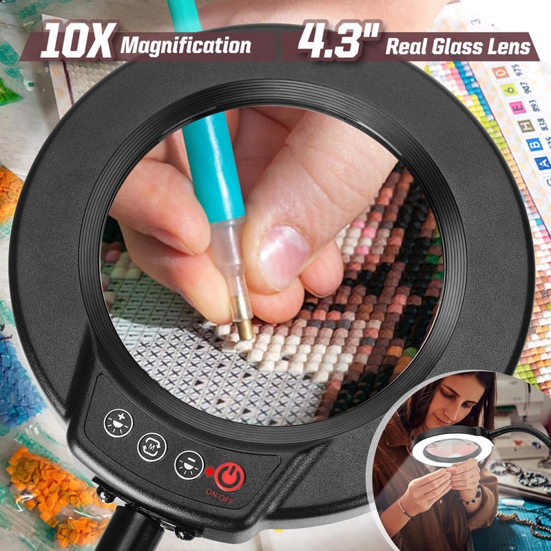 Krstlv 10X Magnifying Glass with Light and Stand, 5 Color Modes Stepless Dimmable LED Lighted Desk Lamp, Hands Free Magnifier with Flexible Goose-Neck for Craft Hobby Painting Sewing Close Work - Image 2