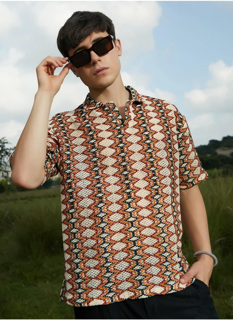 Campus Sutra Men's Multicolour Nomadic Knit Oversized Shirt