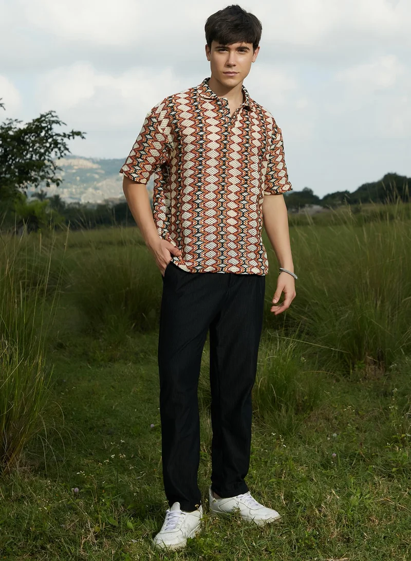 Campus Sutra Men's Multicolour Nomadic Knit Oversized Shirt
