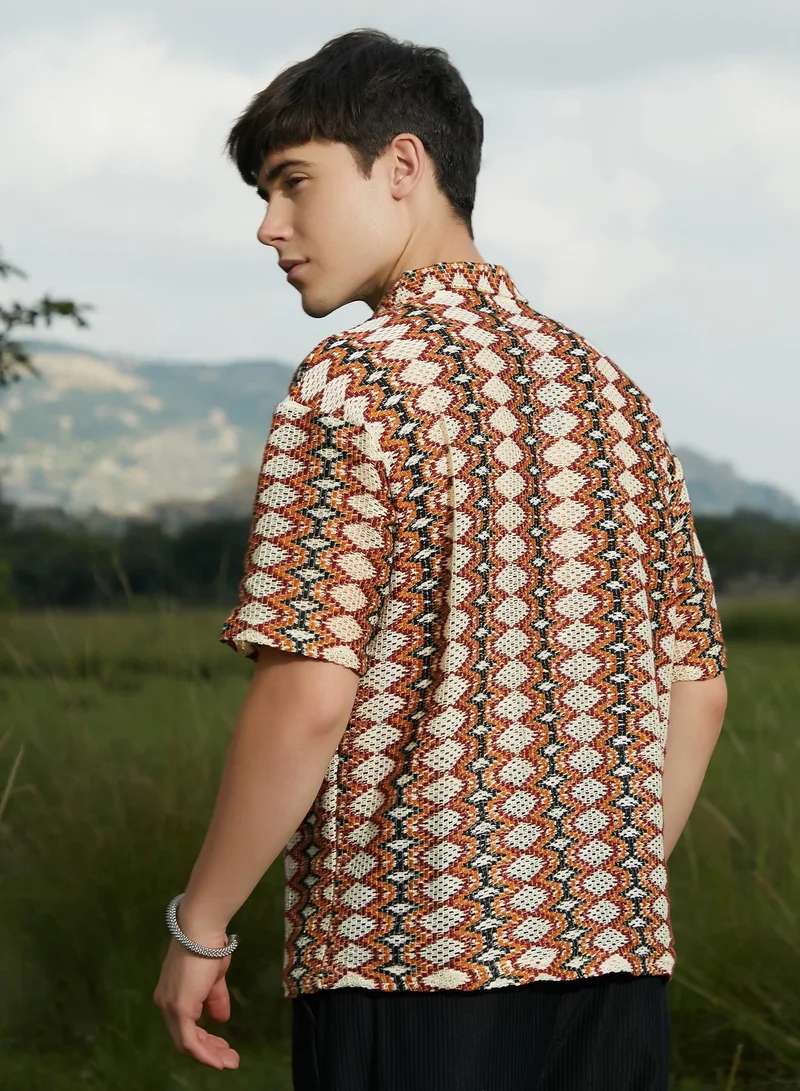 Campus Sutra Men's Multicolour Nomadic Knit Oversized Shirt