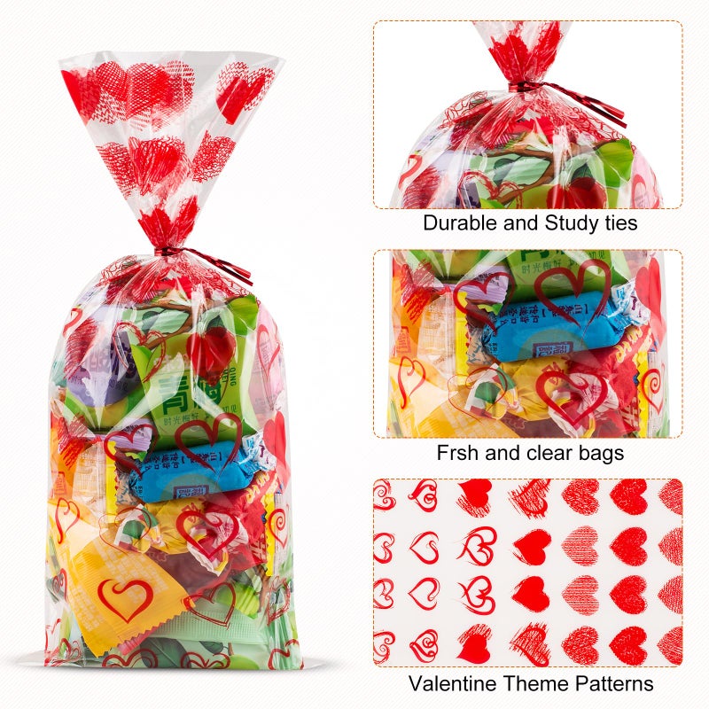 Florasea 200 Pcs Valentine'S Day Cellophane Gift Bag Valentine Day Gift Bag  Candy Bag With 4 Valentine'S Themed Designs For Kids Party Favor  Classroom Exchange Prizes Valentine'S Goody Bag - Image 3