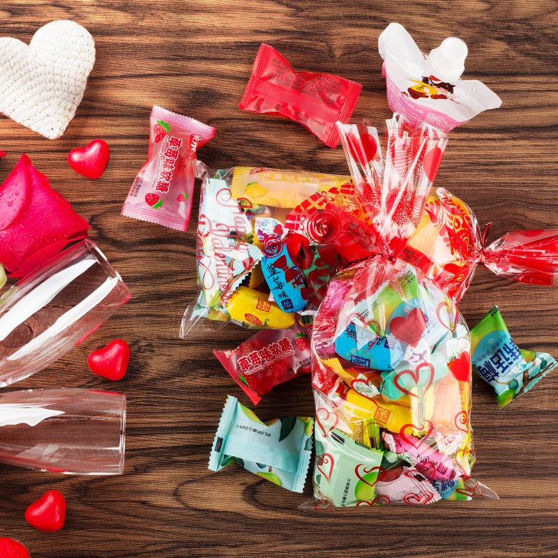 Florasea 200 Pcs Valentine'S Day Cellophane Gift Bag Valentine Day Gift Bag  Candy Bag With 4 Valentine'S Themed Designs For Kids Party Favor  Classroom Exchange Prizes Valentine'S Goody Bag - Image 5