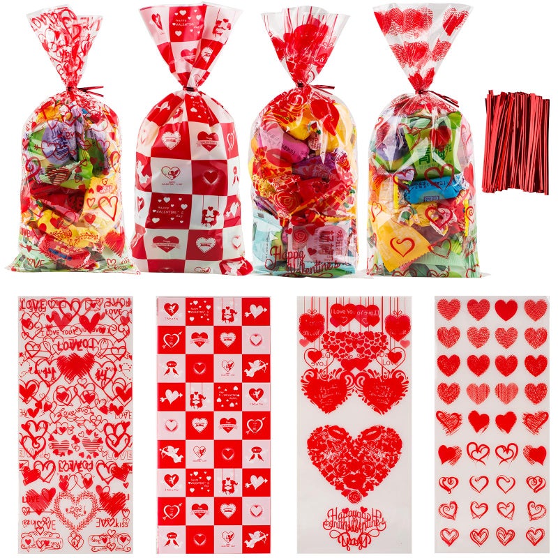 Florasea 200 Pcs Valentine'S Day Cellophane Gift Bag Valentine Day Gift Bag  Candy Bag With 4 Valentine'S Themed Designs For Kids Party Favor  Classroom Exchange Prizes Valentine'S Goody Bag - Image 1