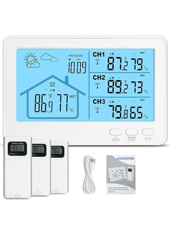 LENND Weather Station Wireless Indoor Outdoor Thermometer Hygrometer with Multiple Temperature Sensors, Temperature and Humidity Monitor, Weather Thermometer for Forecast Stations with Backlight - Image 1