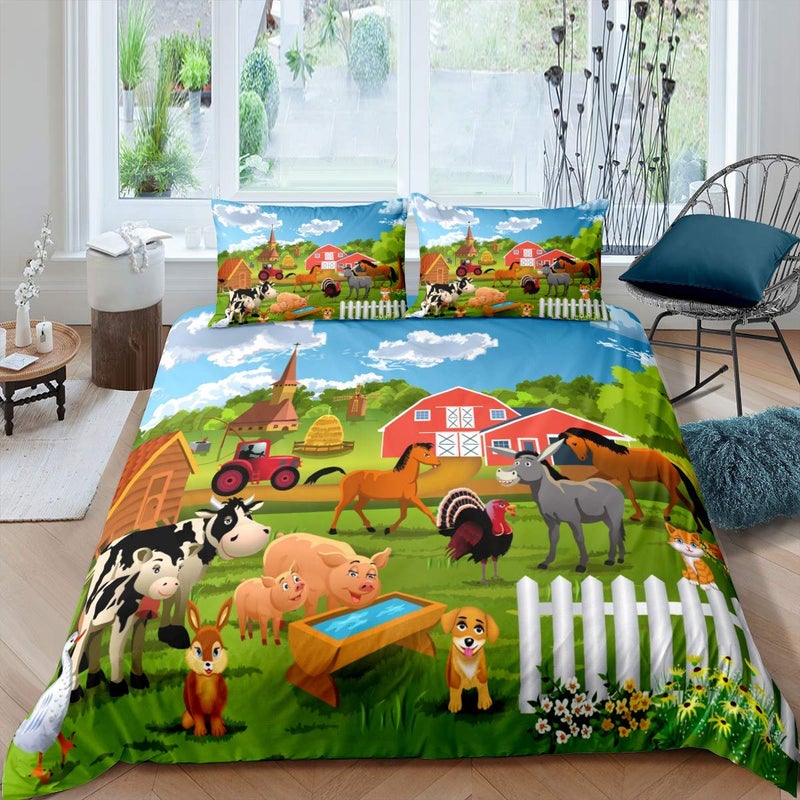 Feelyou Feelyou Kids Bedding Set Cartoon Farmhouse Duvet Cover Set Cute Farm Animal Boys Girls Toddler Comforter Cover Country Style Quilt Cover with 1 Pillowcase Twin Size 