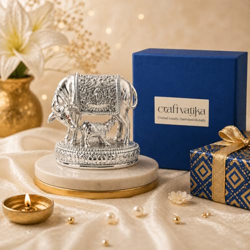 CraftVatika 999 Pure Silver-Plated Kamdhenu Cow with Calf Idol Statue 2.5 Inch Vastu Home Decor for Pooja Room & Mandir, Home Decoration Items, House warming Gifts, Anniversary Wedding Gifts for Women - Image 2