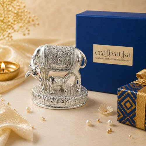 CraftVatika 999 Pure Silver-Plated Kamdhenu Cow with Calf Idol Statue 2.5 Inch Vastu Home Decor for Pooja Room & Mandir, Home Decoration Items, House warming Gifts, Anniversary Wedding Gifts for Women - Image 1