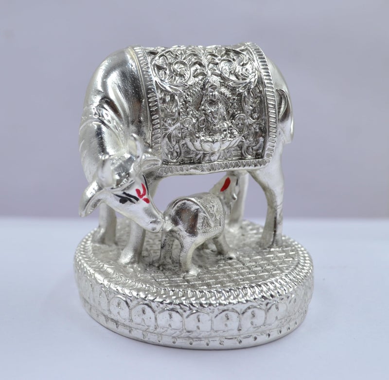 CraftVatika 999 Pure Silver-Plated Kamdhenu Cow with Calf Idol Statue 2.5 Inch Vastu Home Decor for Pooja Room & Mandir, Home Decoration Items, House warming Gifts, Anniversary Wedding Gifts for Women - Image 5