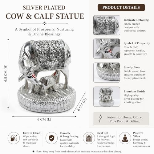 CraftVatika 999 Pure Silver-Plated Kamdhenu Cow with Calf Idol Statue 2.5 Inch Vastu Home Decor for Pooja Room & Mandir, Home Decoration Items, House warming Gifts, Anniversary Wedding Gifts for Women - Image 4