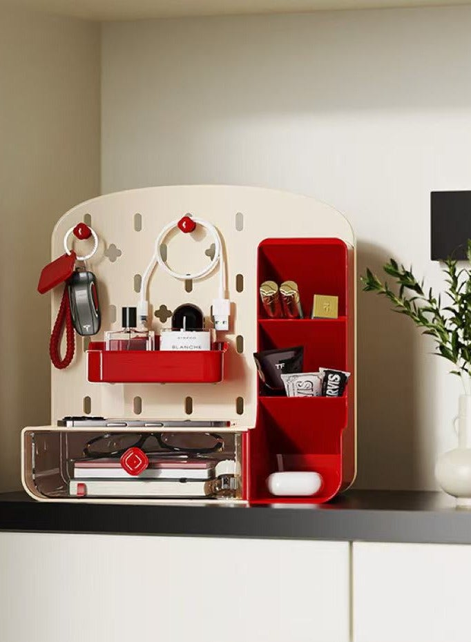 Desk Organizer Desktop Storage Organizer Pen Holder Cave Board Stand Organizer with Pegboard Hooks and 1 drawer Desktop Storage Rack for Office Supplies Home - Image 3