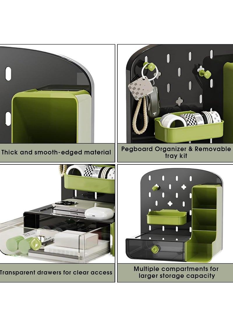 Desk Organizer Desktop Storage Organizer Pen Holder Cave Board Stand Organizer with Pegboard Hooks and 1 drawer Desktop Storage Rack for Office Supplies Home - Image 5