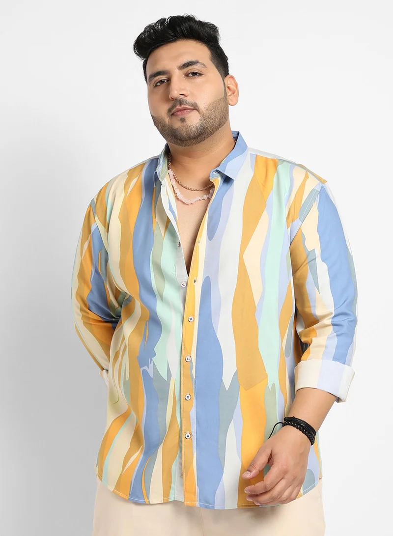 انستافاب بلس قميص رجالي مطبوع برسومات تجريدية متعددة الألوان بياقة واسعة وأكمام طويلة