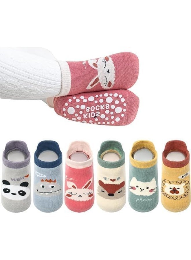 6 Pair Baby Anti-Slip Ankle Socks, Cute Cartoon Animal Grips Socks, Non Slip Warm Socks, Floor Socks with Grips, Elastic and Breathable for Infants, Toddler, Boys, Girls, 3-5 Years - Image 1
