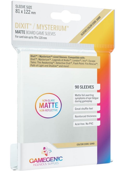 Matte Board Game Sleeves | Pack of 90 Matte Sleeves | 81 by 122 mm Card Sleeves Optimized for Use with Dixit and Mysterium | Premium Card Protection | FFG Sand Color Code | Made by Gamegenic
