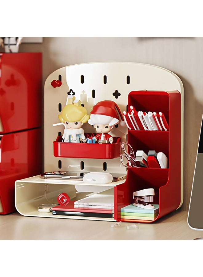 Cute Pen Organizer with Drawers & Pegboard, Multi-Functional Pencil Holder for Desktop, Desk Makeup Organizers and Accessories with 5 Compartments, Desktop Organizer for School Office Home (Red, HC-1001) - Image 1