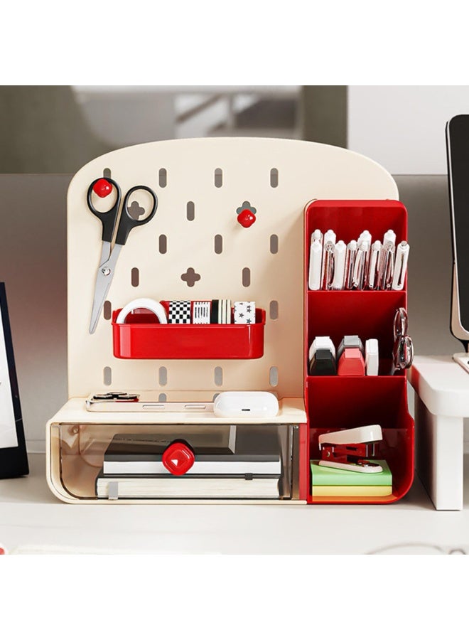 Cute Pen Organizer with Drawers & Pegboard, Multi-Functional Pencil Holder for Desktop, Desk Makeup Organizers and Accessories with 5 Compartments, Desktop Organizer for School Office Home (Red, HC-1001) - Image 2
