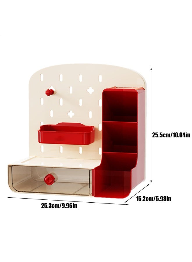 Cute Pen Organizer with Drawers & Pegboard, Multi-Functional Pencil Holder for Desktop, Desk Makeup Organizers and Accessories with 5 Compartments, Desktop Organizer for School Office Home (Red, HC-1001) - Image 3