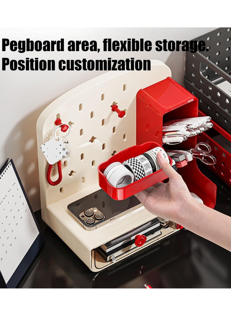 Cute Pen Organizer with Drawers & Pegboard, Multi-Functional Pencil Holder for Desktop, Desk Makeup Organizers and Accessories with 5 Compartments, Desktop Organizer for School Office Home (Red, HC-1001) - Image 4