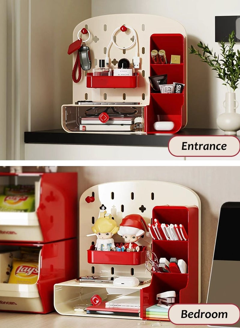 Cute Pen Organizer with Drawers & Pegboard, Multi-Functional Pencil Holder for Desktop, Desk Makeup Organizers and Accessories with 5 Compartments, Desktop Organizer for School Office Home (Red, HC-1001) - Image 5