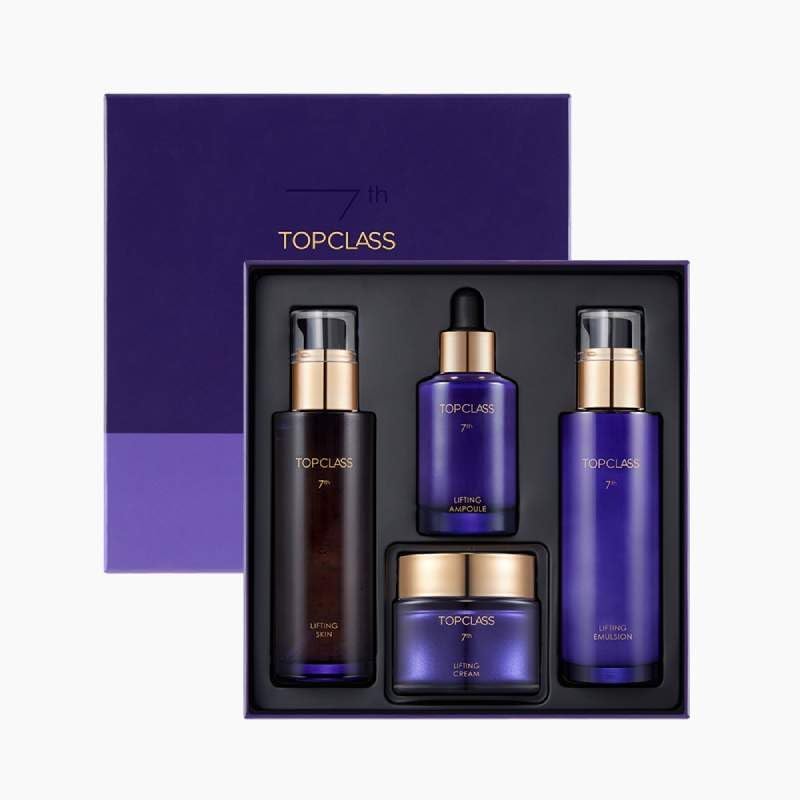 مجموعة العناية بالبشرة الخاصة من CHARMZONE TopClass Lifting 7th  مجموعة كورية متميزة لمكافحة الشيخوخة  مجموعة مكونة من 4 قطع مع تونر، إيمولسيون، أمبول وكريم  كولاجين ثلاثي للتثبيت والرفع والترطيب