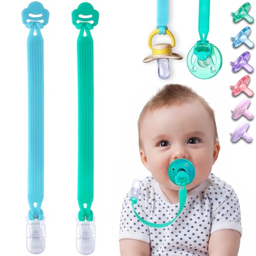 Qunland Silicone Pacifier Clip with Adapter Ring for Philips Avent Soothie, 2 Pack One-Piece Soft Binky Clips Holder for Baby Boys Girls, Anti-Loss Paci Clips for Baby Shower Newborn Essentials, Blue Green - Image 1