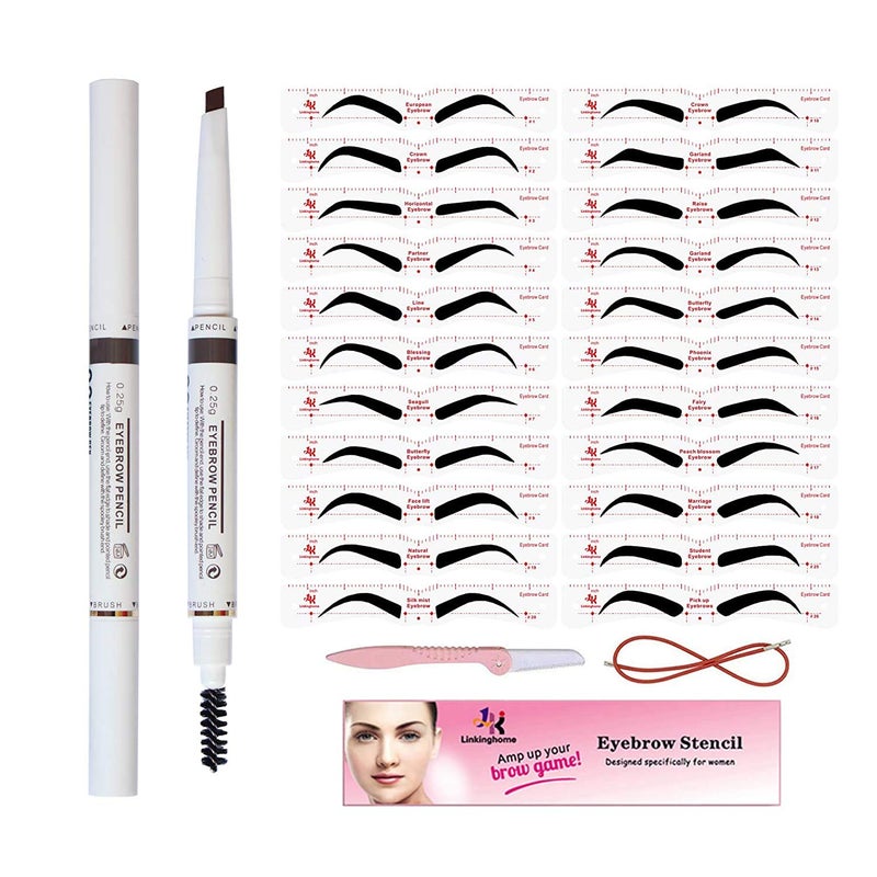 Linkinghome Eyebrow Stencil  Eyebrow Pencil 30 Eyebrow Shaper Kit Reusable Eyebrow Template With Strap  Eyebrow Razor Waterproof Eyebrow Pen 3 Minutes Makeup Suitable for 98