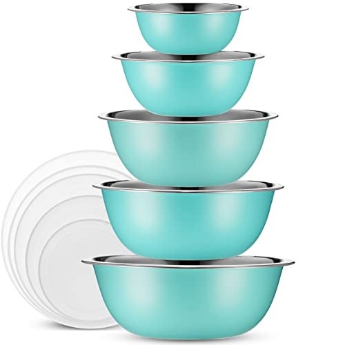 WHYSKO Stainless Steel Mixing Bowls With Lids Set 5 Sizes Nesting Mixing Bowls for Your Kitchen Meal Prep Cooking Baking and Food Storage Blue Bowls with White Lids