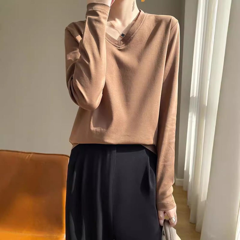 (Same Model In Shopping Mall) V-Neck Sweater New Women'S T-Shirt Long Sleeve T-Shirt Women'S White Bottoming Cotton Tide Inside - Image 2
